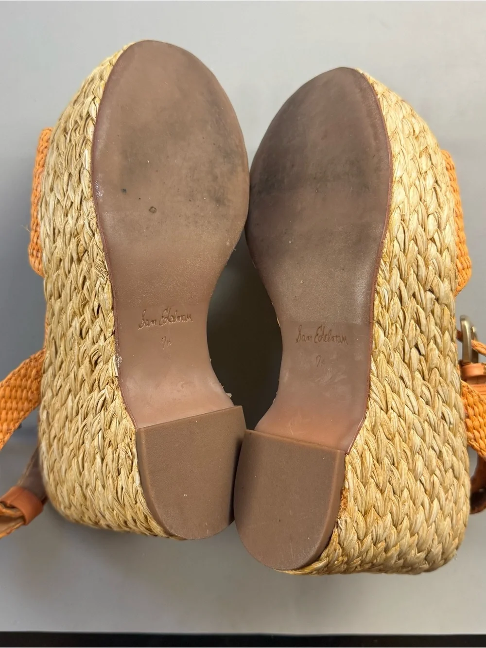 Sam Edelman April Raffia Platform Wedge Espadrille Sandals Marigold Orange 7.5